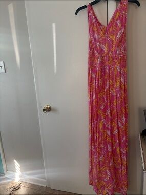 Pink & Yellow Jessica Simpson Leaf Print Maxi Dress